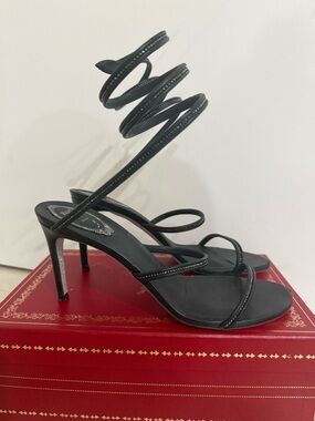 Rene Caovilla Black Spiral Wrap Strappy Stiletto Sandals